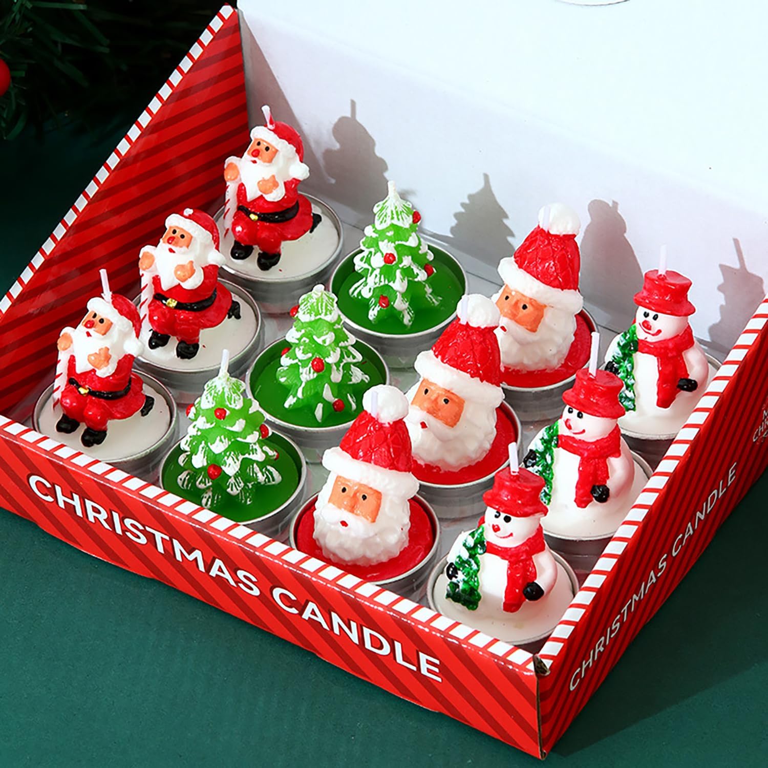 Christmas Tea Lights Candles for Home Decor,12Pcs Christmas Tealight Candle, Santa Claus, Tree, Snowman for Home Decoration Party Gifts