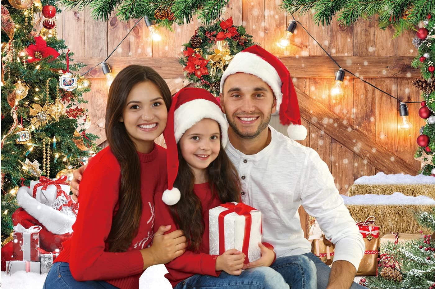 CHAIYA 7x5ft Christmas Backdrop Barn Wood Door Photography Backdrop Xmas Tree Snow Background Winter Xmas Party Supplies Christmas Family Kids Party Banner