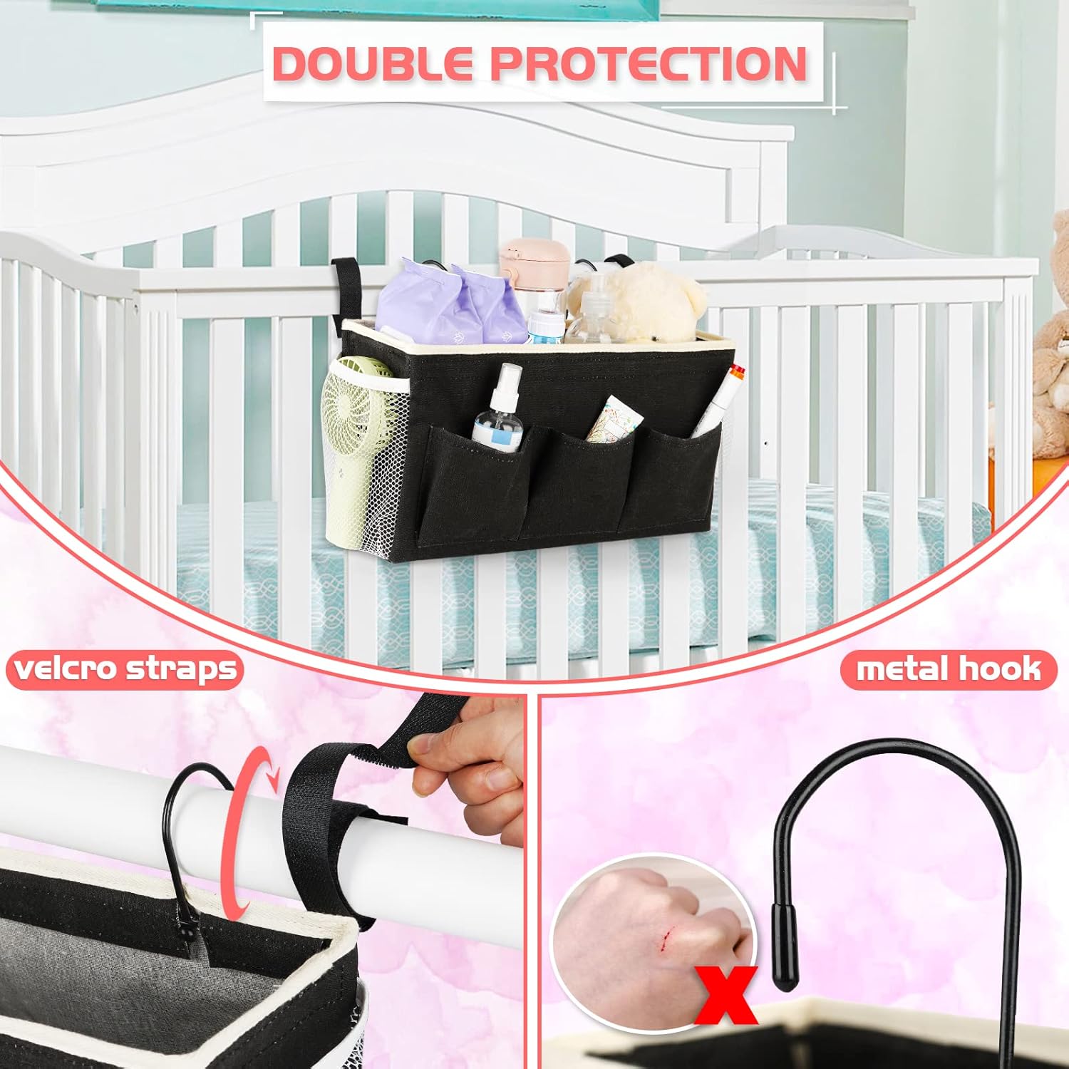 Loghot Bedside Caddy/Bedside Storage Bag Hanging Organizer for Bunk and Hospital Beds,Dorm Rooms Bed Rails,Can be Placed Glasses,Books,Mobile Phones,Keys (Light Pink)