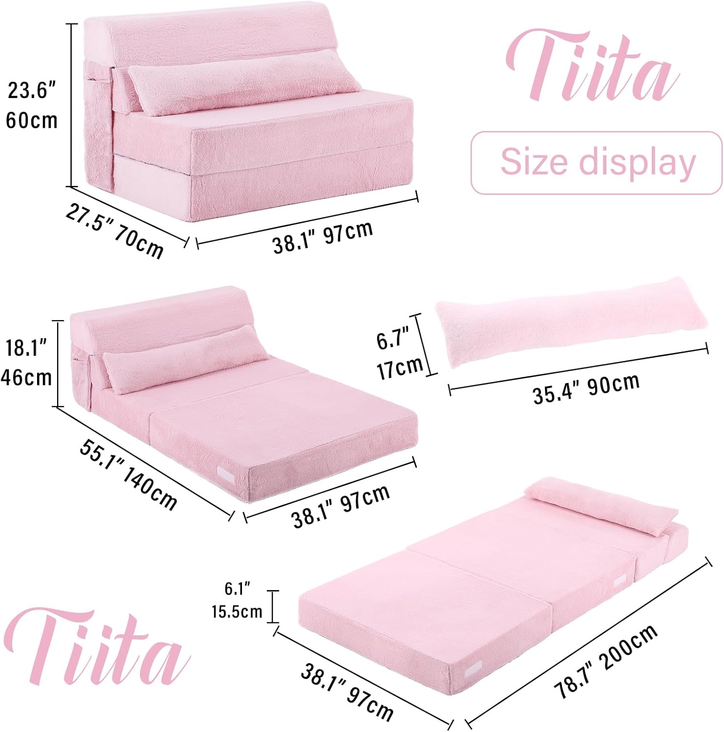 Tiita Folding Sofa Bed with Pillow 200x70x12cm Mattress&Plush Fabric Foldable Sofa Lounge Mat Pad,Floor Lounger Chair Bed for Living Room,Guest Room,Dorm,Apartment,Camping and Travel Use