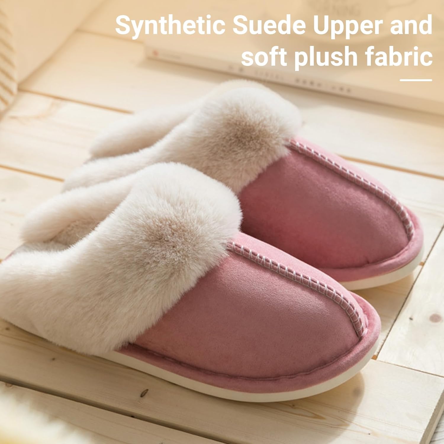 TopG Fuzzy Memory Foam Slippers Fluffy Winter House Slippers Suede Slippers with Faux Fur Collar Indoor Outdoor