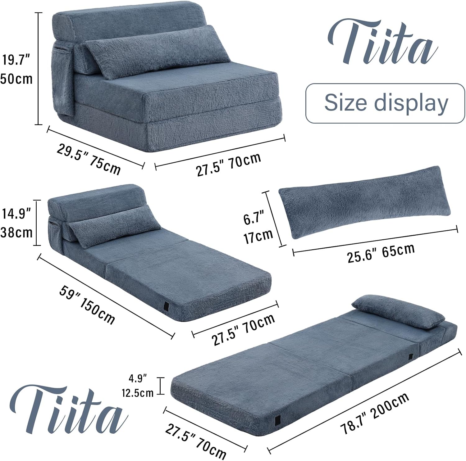 Tiita Folding Sofa Bed with Pillow 200x70x12cm Mattress&Plush Fabric Foldable Sofa Lounge Mat Pad,Floor Lounger Chair Bed for Living Room,Guest Room,Dorm,Apartment,Camping and Travel Use