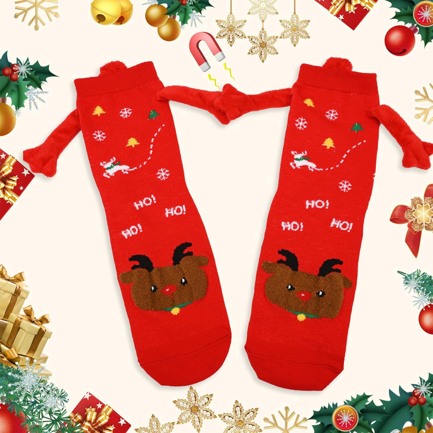 Zurligi 2 Pairs Holding Hands Socks, Funny Magnetic Hand Holding Cute Socks for Men Women, 3D Doll Couple Novelty Birthday for Lovers, Boyfriend, Family