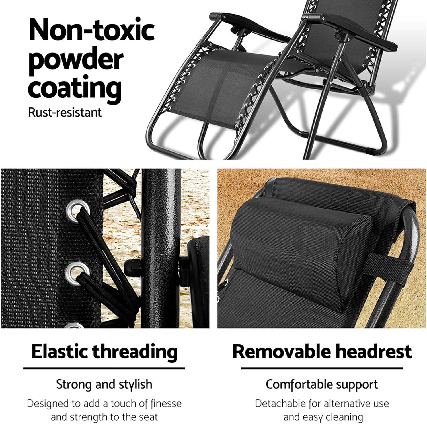 Gardeon Zero Gravity Portable Reclining Lounge Folding Outdoor Camping Beach Chair Black