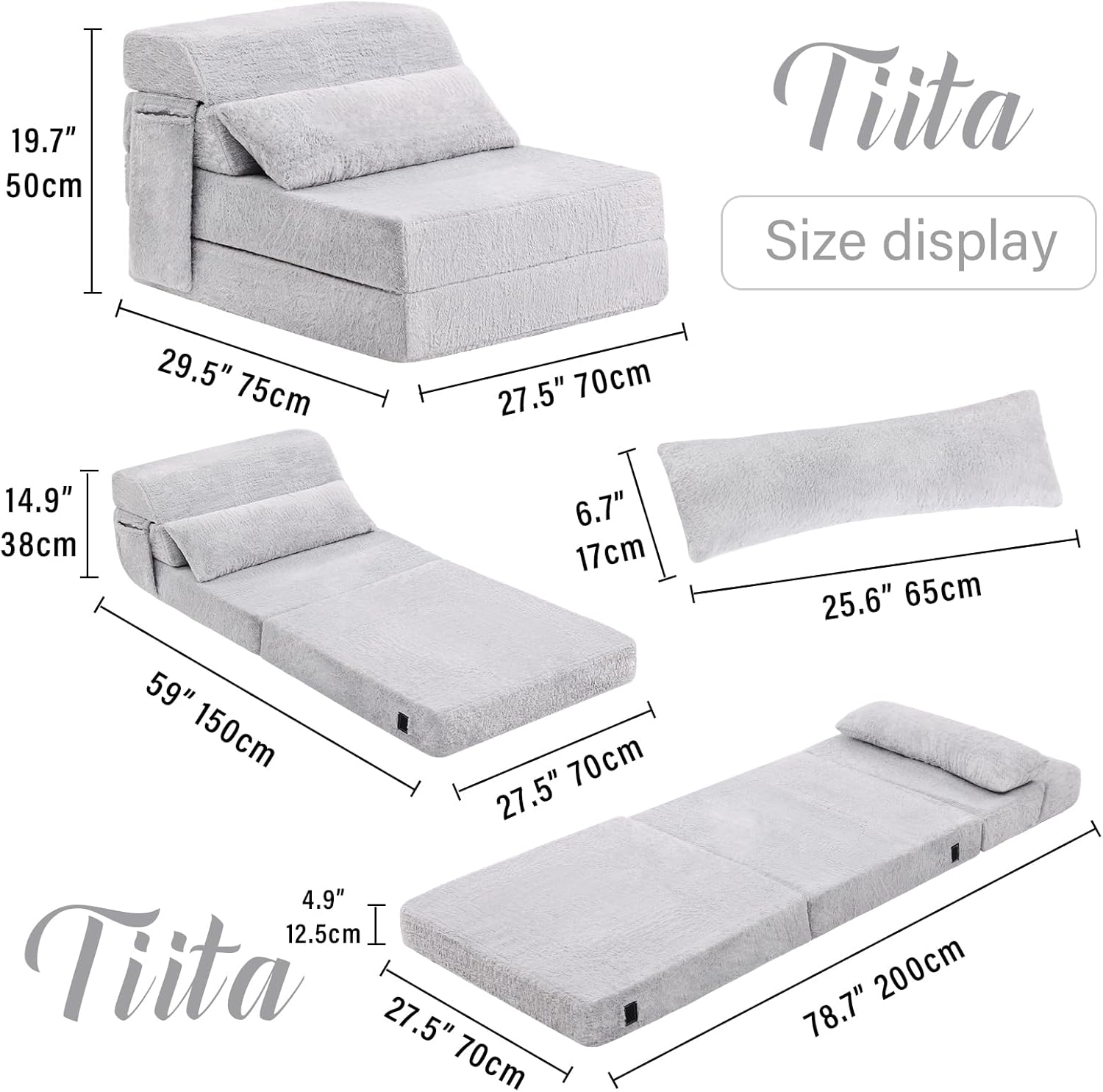 Tiita Folding Sofa Bed with Pillow 200x70x12cm Mattress&Plush Fabric Foldable Sofa Lounge Mat Pad,Floor Lounger Chair Bed for Living Room,Guest Room,Dorm,Apartment,Camping and Travel Use