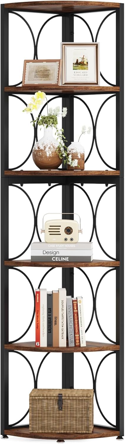 Tribesigns 67 inch Tall Corner Shelf, 6 Tier Rustic Corner Bookshelf Bookcase Storage Rack Standing Shelving Unit for Living Room, Small Space