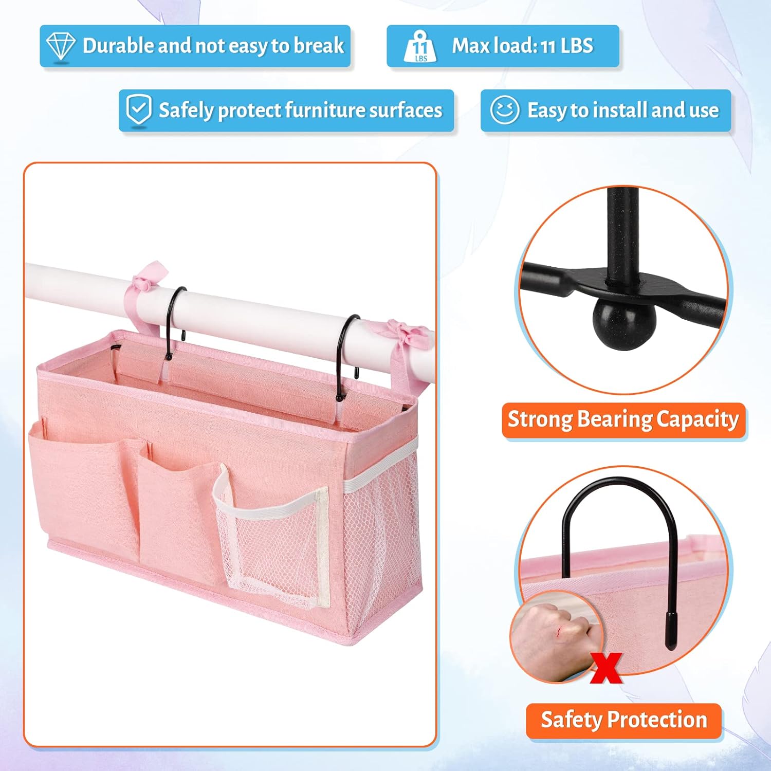 Loghot Bedside Caddy/Bedside Storage Bag Hanging Organizer for Bunk and Hospital Beds,Dorm Rooms Bed Rails,Can be Placed Glasses,Books,Mobile Phones,Keys (Light Pink)