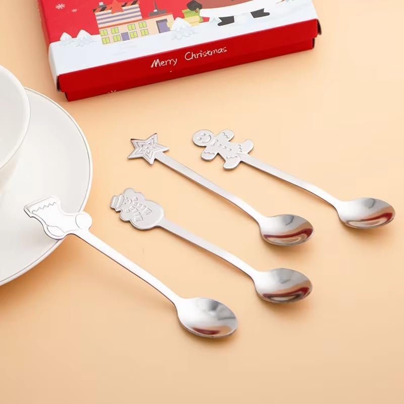 LIVSY Christmas Cartoon Stainless Steel Coffee Spoons – Cute Holiday Mixing Spoon Gift Set for Coffee, Tea, Dessert & Tableware (Gold/Silver, 4-Pack) (Silver)