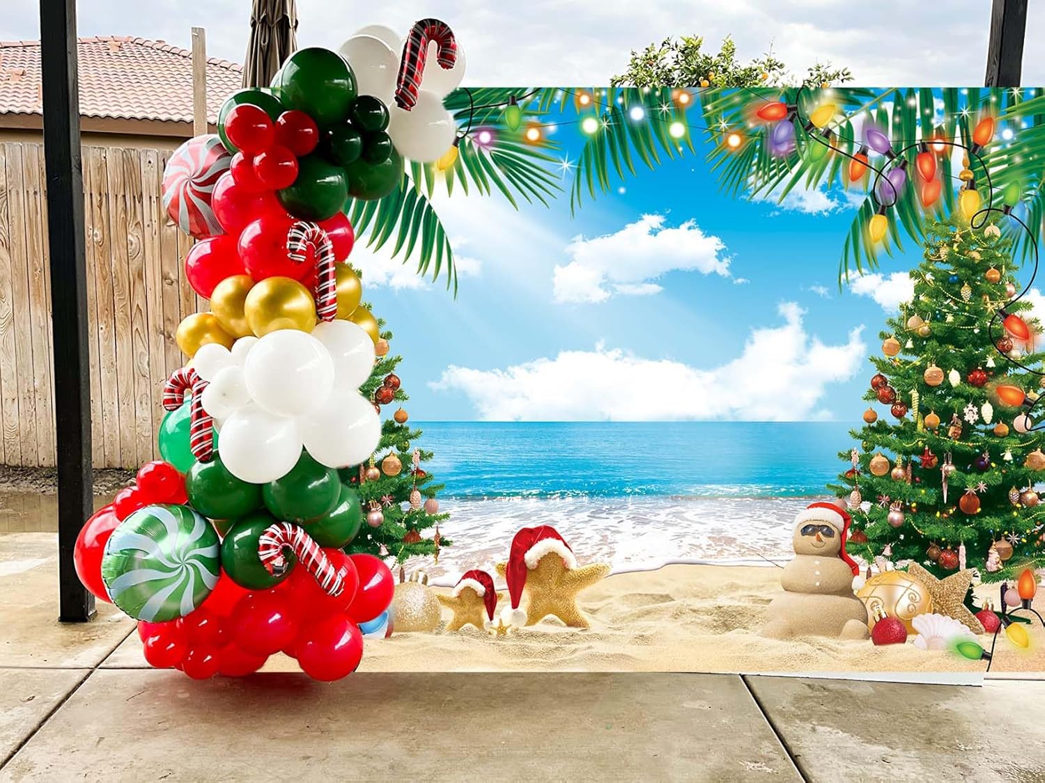 July Christmas Backdrop 7x5FT Summer Beach Christmas Tree Decoration Photography Background Tropical Hawaiian Party Supplies Photo Props