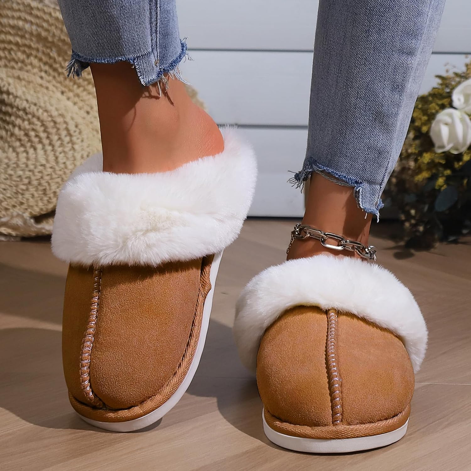 TopG Fuzzy Memory Foam Slippers Fluffy Winter House Slippers Suede Slippers with Faux Fur Collar Indoor Outdoor