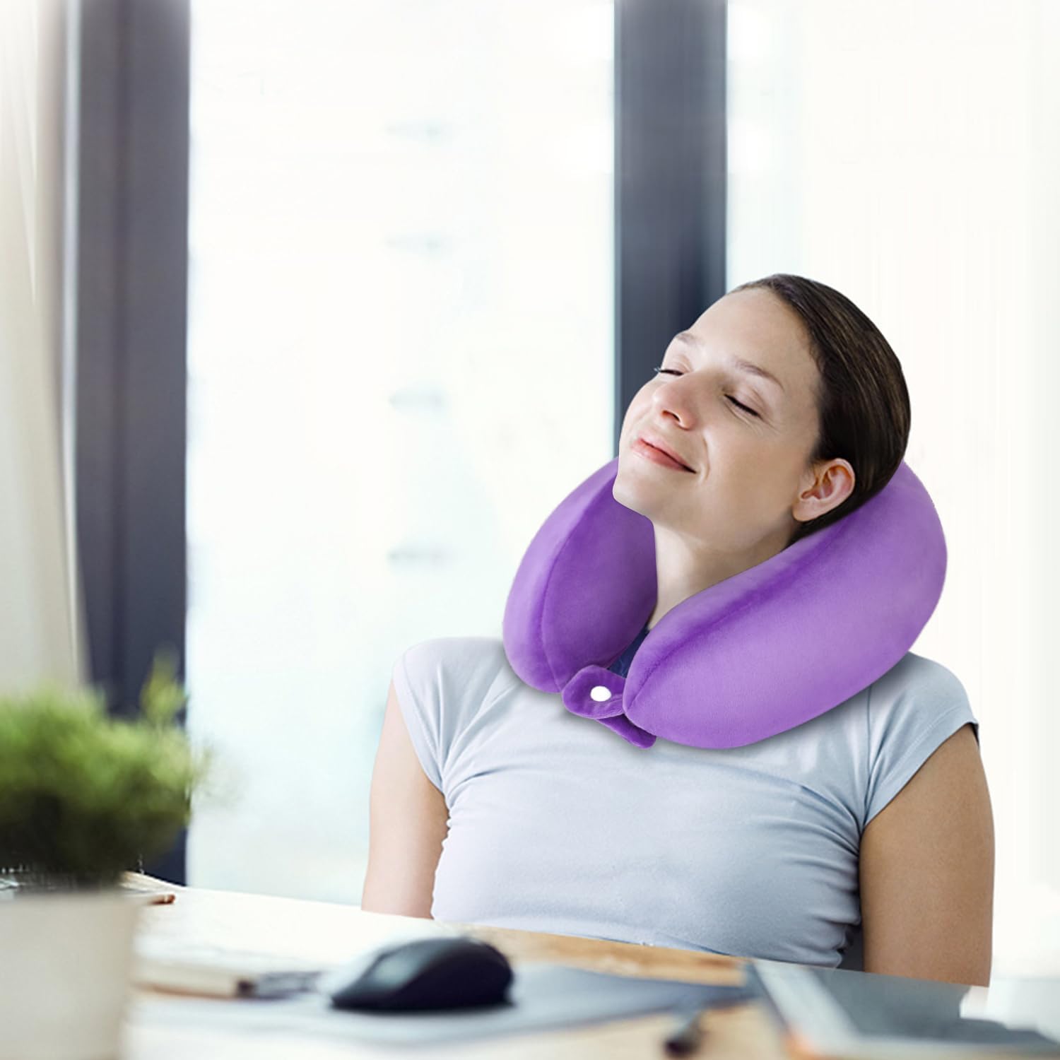 Travel Neck Pillows Adjustable U-Shaped Memory Foam Airplane Pillows Support Headrest and Neck Removable Breathable Neck Pillow for Car Office Home Camping Use Purple Color