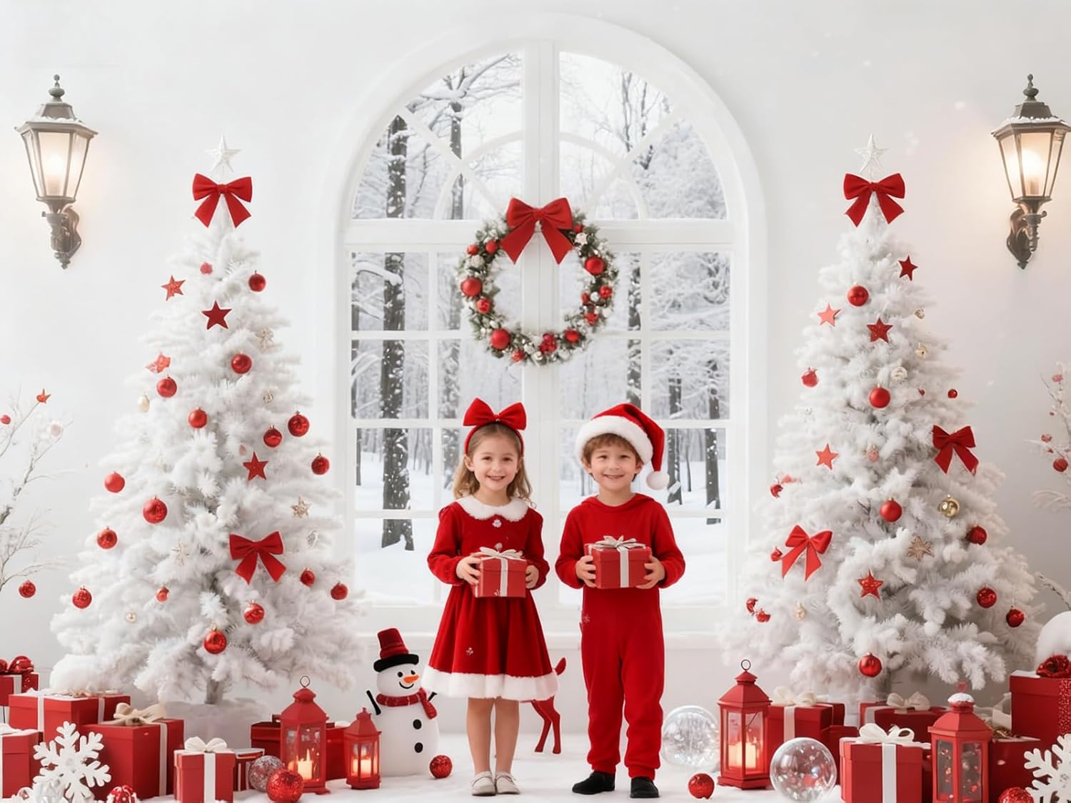 Grewoo 7x5 FT Merry Christmas Backdrop with Snow Scene, Xmas Tree Wreath Bell & Fireplace Theme Background for Winter Photo Prop, Party Decoration Banner(red)