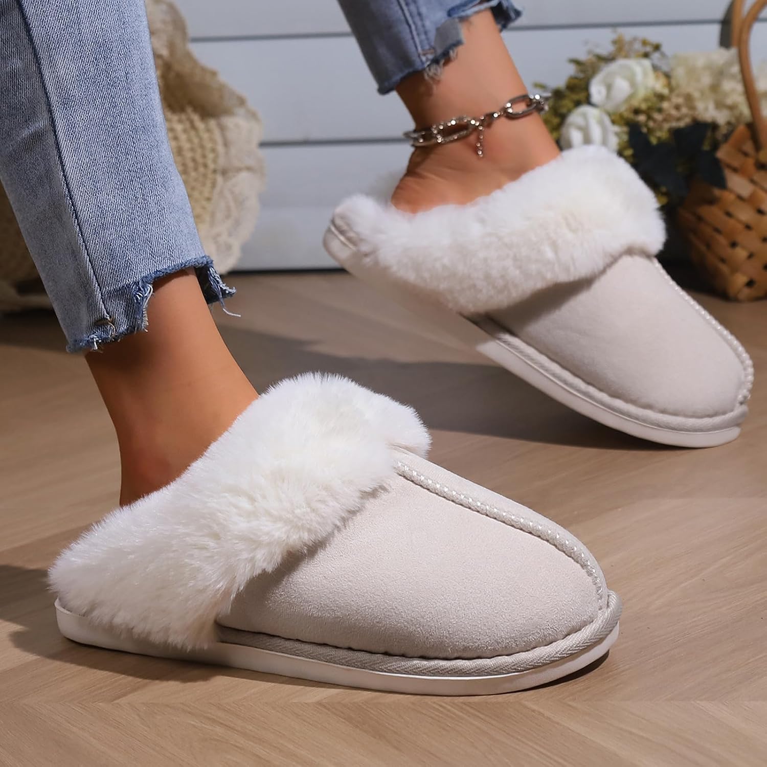 TopG Fuzzy Memory Foam Slippers Fluffy Winter House Slippers Suede Slippers with Faux Fur Collar Indoor Outdoor