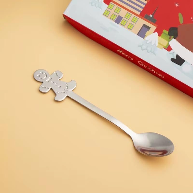 LIVSY Christmas Cartoon Stainless Steel Coffee Spoons – Cute Holiday Mixing Spoon Gift Set for Coffee, Tea, Dessert & Tableware (Gold/Silver, 4-Pack) (Silver)