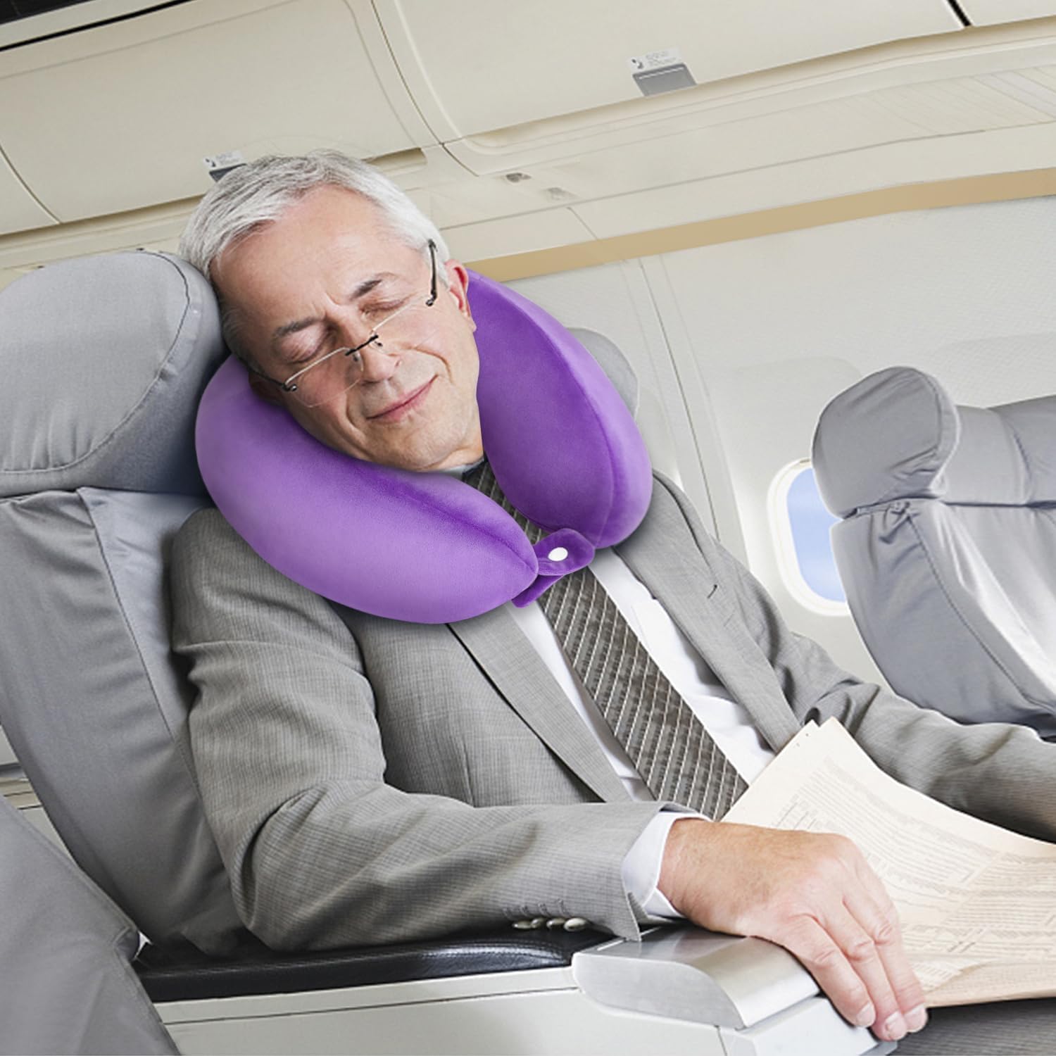 Travel Neck Pillows Adjustable U-Shaped Memory Foam Airplane Pillows Support Headrest and Neck Removable Breathable Neck Pillow for Car Office Home Camping Use Purple Color