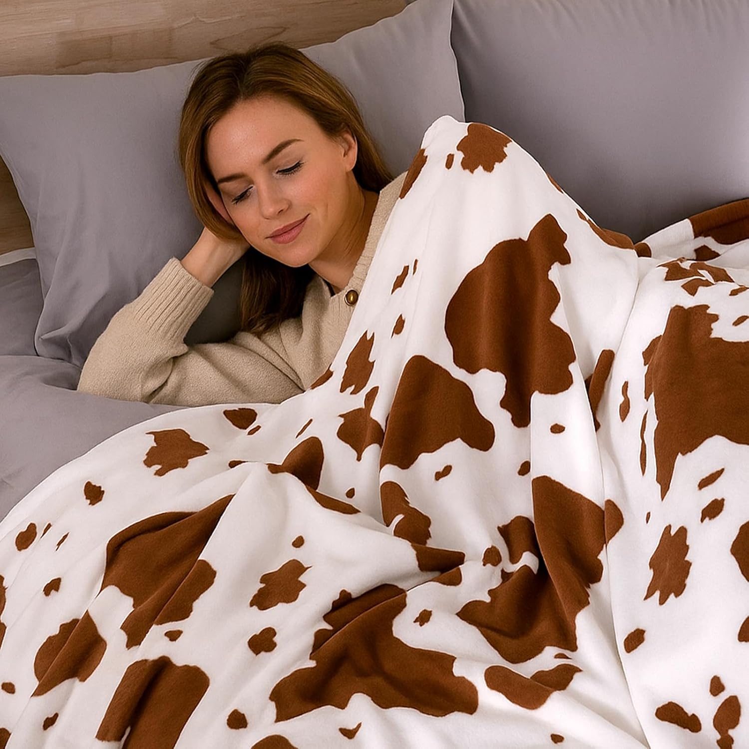 Cozy Bliss Cow Print Fuzzy Throw Blanket for Couch - Thick Soft Warm Non Shedding Fleece Blankets for Western Décor Room, for Kids, Women Men Girls, Teal Blue 50*60