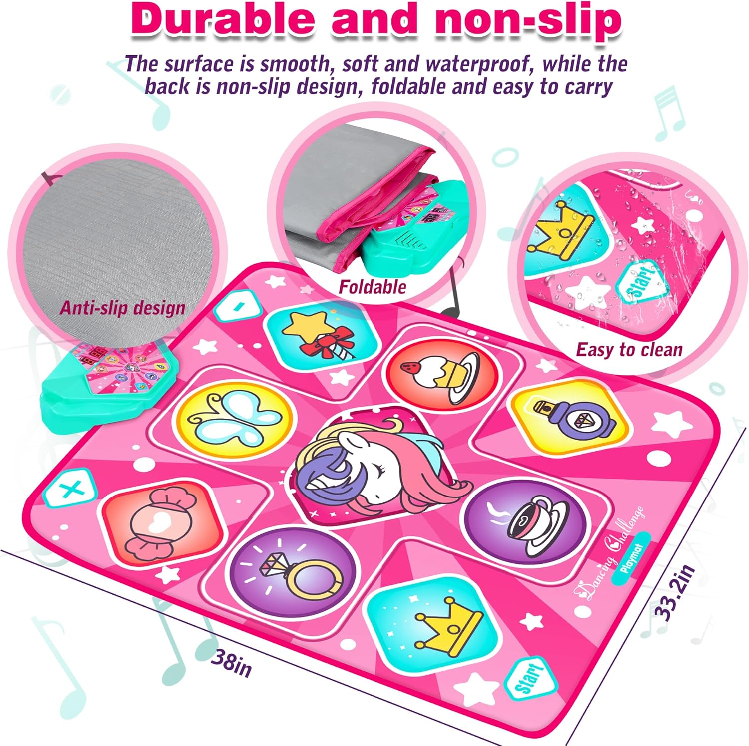 Kusntin Unicorn Dance Mat, Dance Mixer Rhythm Step Play Mat, Pink Dance Pad with LED Lights, Adjustable Volume, Built-in Music, 5 Game Modes, Xmas B-Day Gifts for 3-12 Years Old Girls Toys