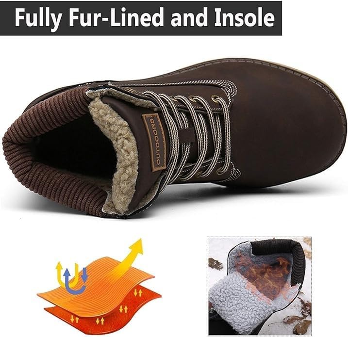 Snow Boots Womens Mens Winter Flat Ankle Boots Warm Fur Lined Fashion Combat Leather Shoes Casual Work Walking Hiking Lace Up Outdoor Trainer Urban