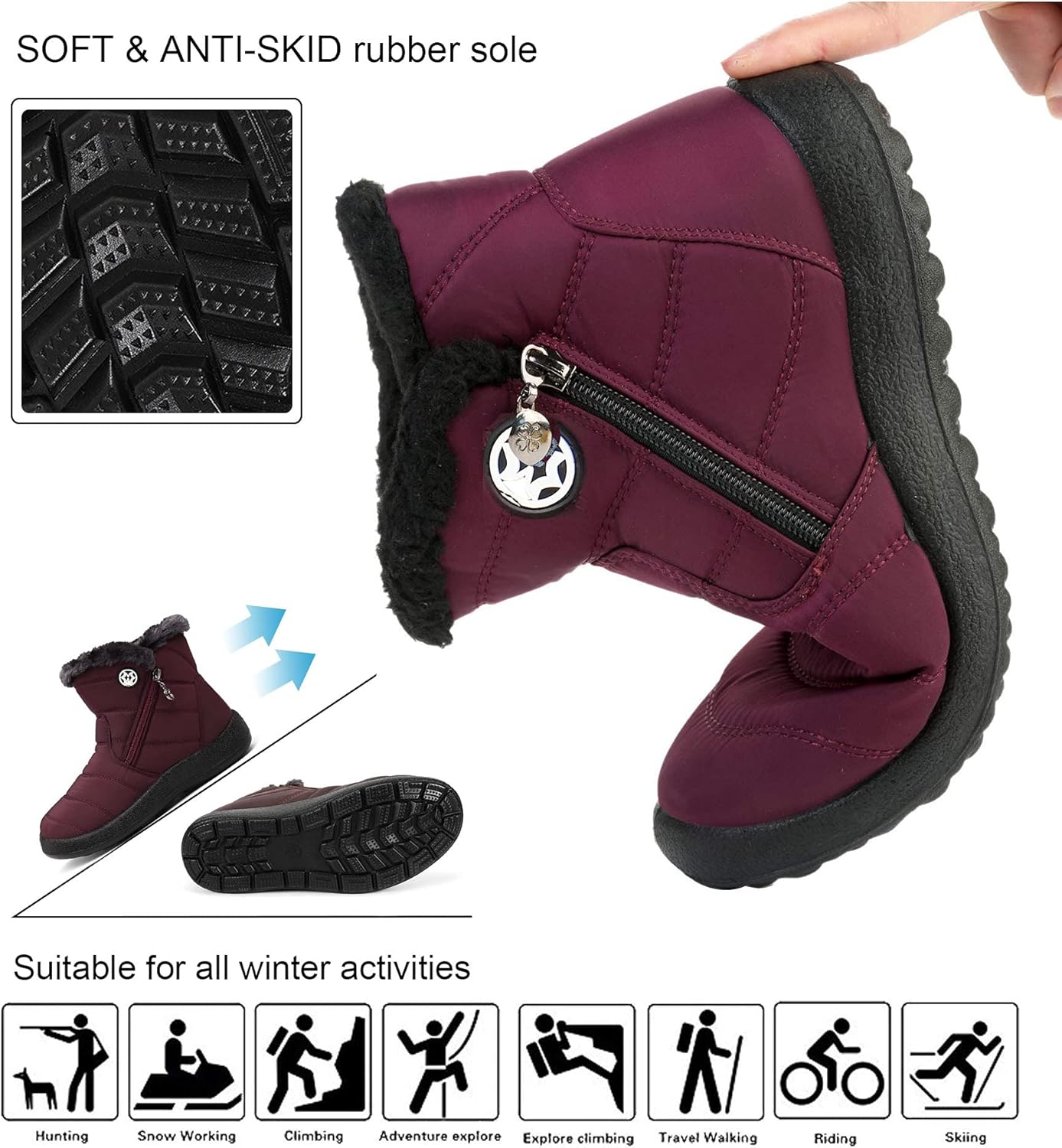 Hsyooes Winter Boots Women's Waterproof Winter Shoes Warm Ankle Boots Winter Snow Depth Lined Short Shaft Boots Non-Slip Slip-On Boots Flat