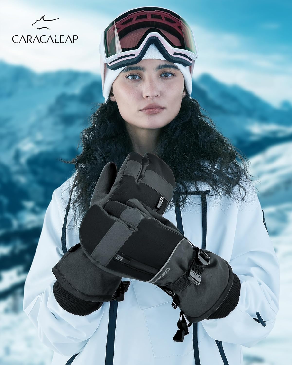 Caracaleap Ski Gloves Men Women Mittens 3 Finger Gloves Waterproof Winter Gloves for Skiing Snowboard Ice Skating Hiking