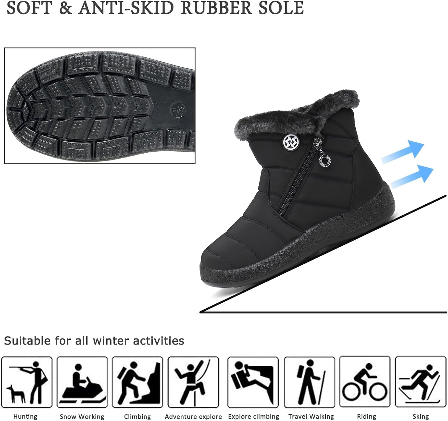 Hsyooes Winter Boots Women's Waterproof Winter Shoes Warm Ankle Boots Winter Snow Depth Lined Short Shaft Boots Non-Slip Slip-On Boots Flat