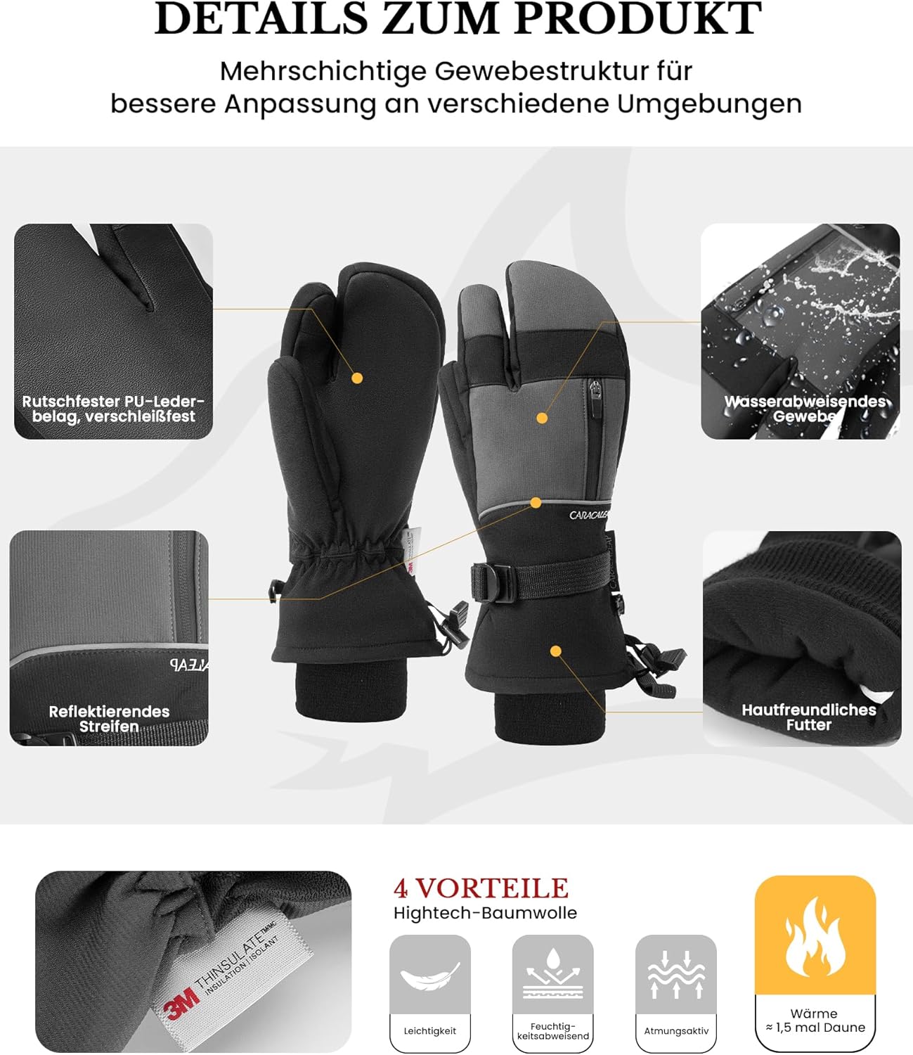 Caracaleap Ski Gloves Men Women Mittens 3 Finger Gloves Waterproof Winter Gloves for Skiing Snowboard Ice Skating Hiking