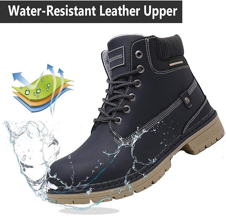 Snow Boots Womens Mens Winter Flat Ankle Boots Warm Fur Lined Fashion Combat Leather Shoes Casual Work Walking Hiking Lace Up Outdoor Trainer Urban