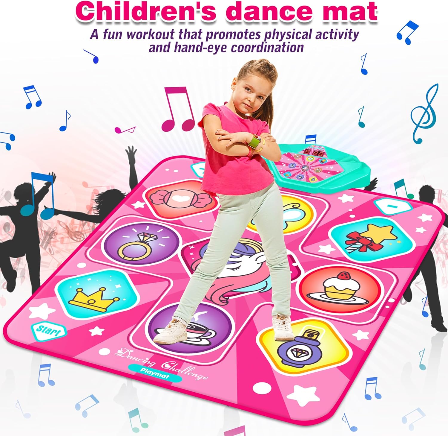 Kusntin Unicorn Dance Mat, Dance Mixer Rhythm Step Play Mat, Pink Dance Pad with LED Lights, Adjustable Volume, Built-in Music, 5 Game Modes, Xmas B-Day Gifts for 3-12 Years Old Girls Toys