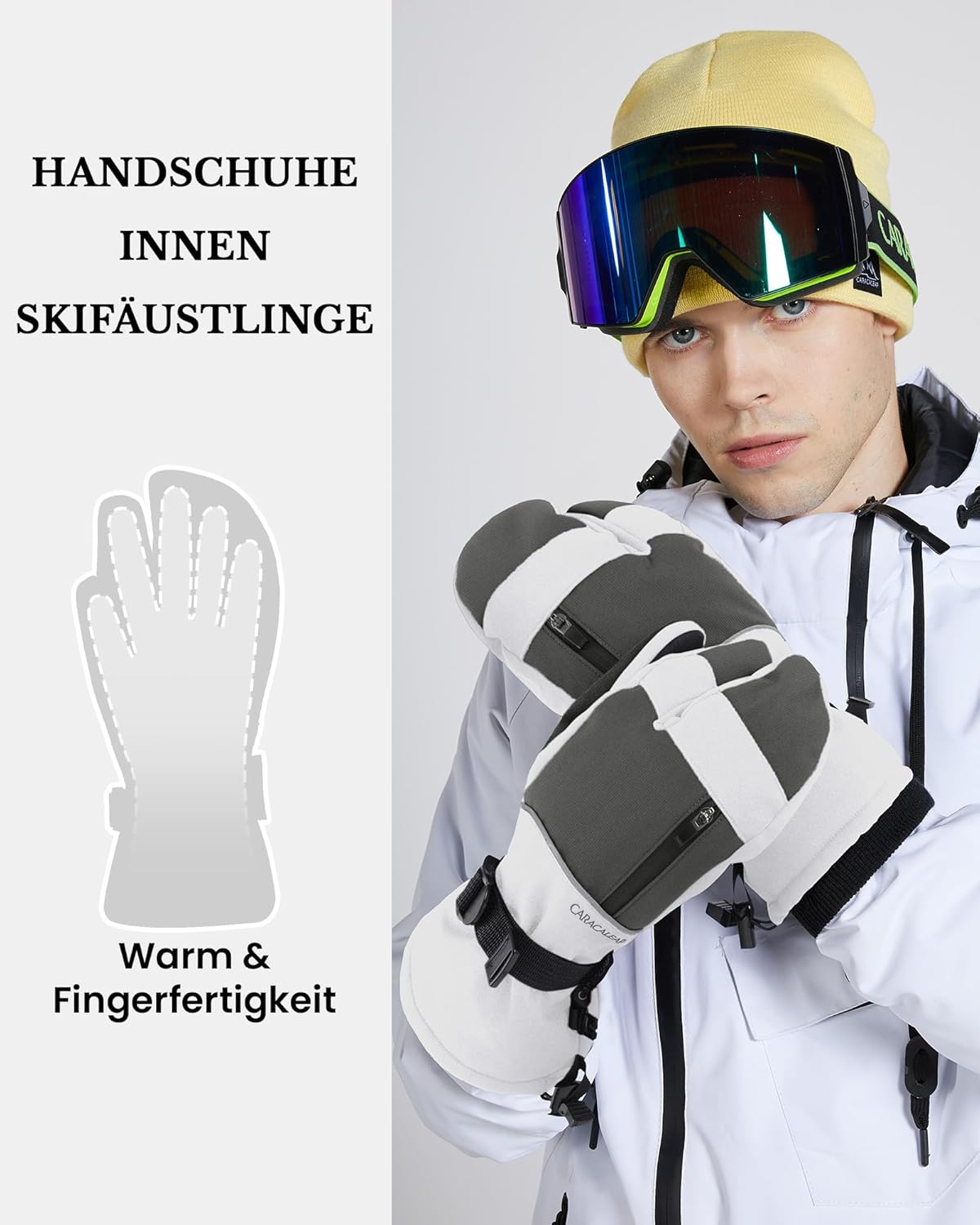 Caracaleap Ski Gloves Men Women Mittens 3 Finger Gloves Waterproof Winter Gloves for Skiing Snowboard Ice Skating Hiking
