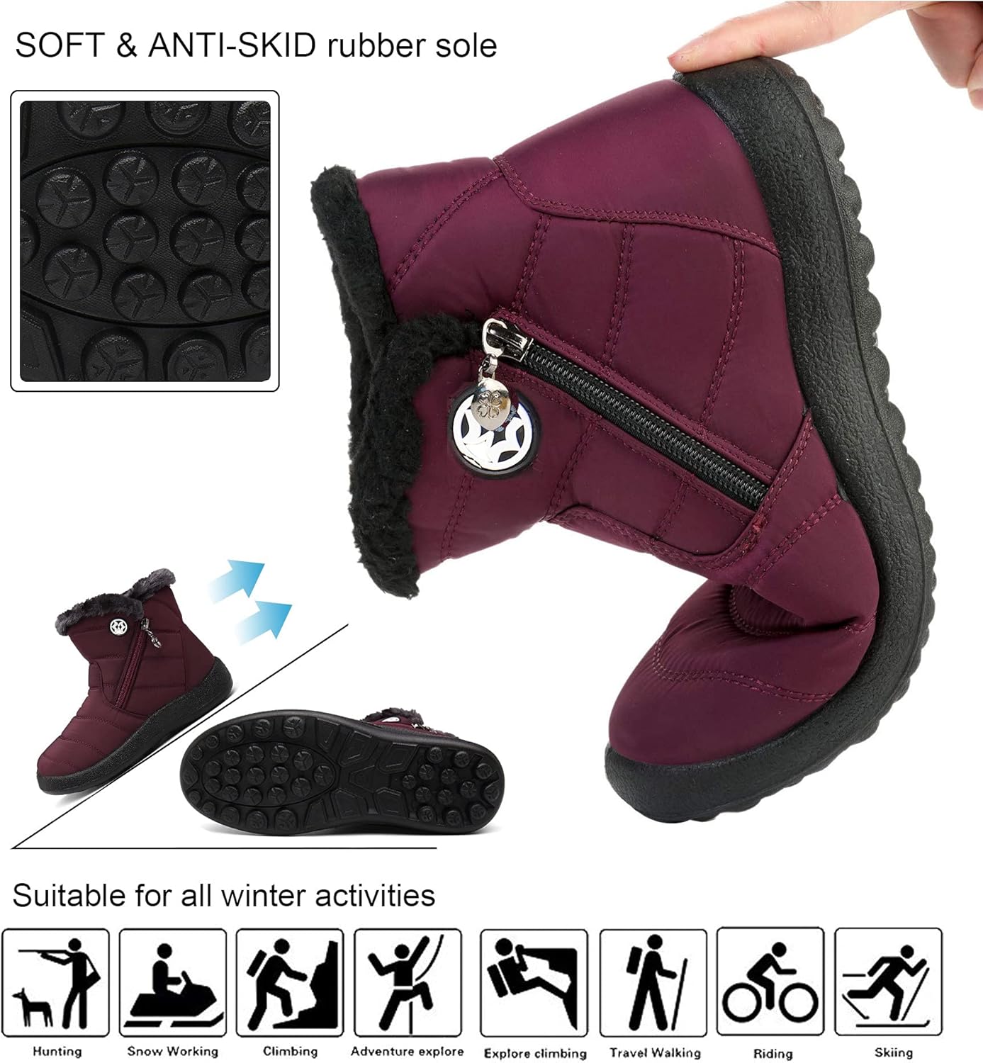 Hsyooes Winter Boots Women's Waterproof Winter Shoes Warm Ankle Boots Winter Snow Depth Lined Short Shaft Boots Non-Slip Slip-On Boots Flat