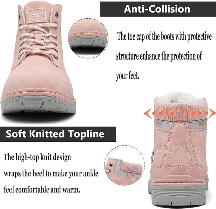 Snow Boots Womens Mens Winter Flat Ankle Boots Warm Fur Lined Fashion Combat Leather Shoes Casual Work Walking Hiking Lace Up Outdoor Trainer Urban