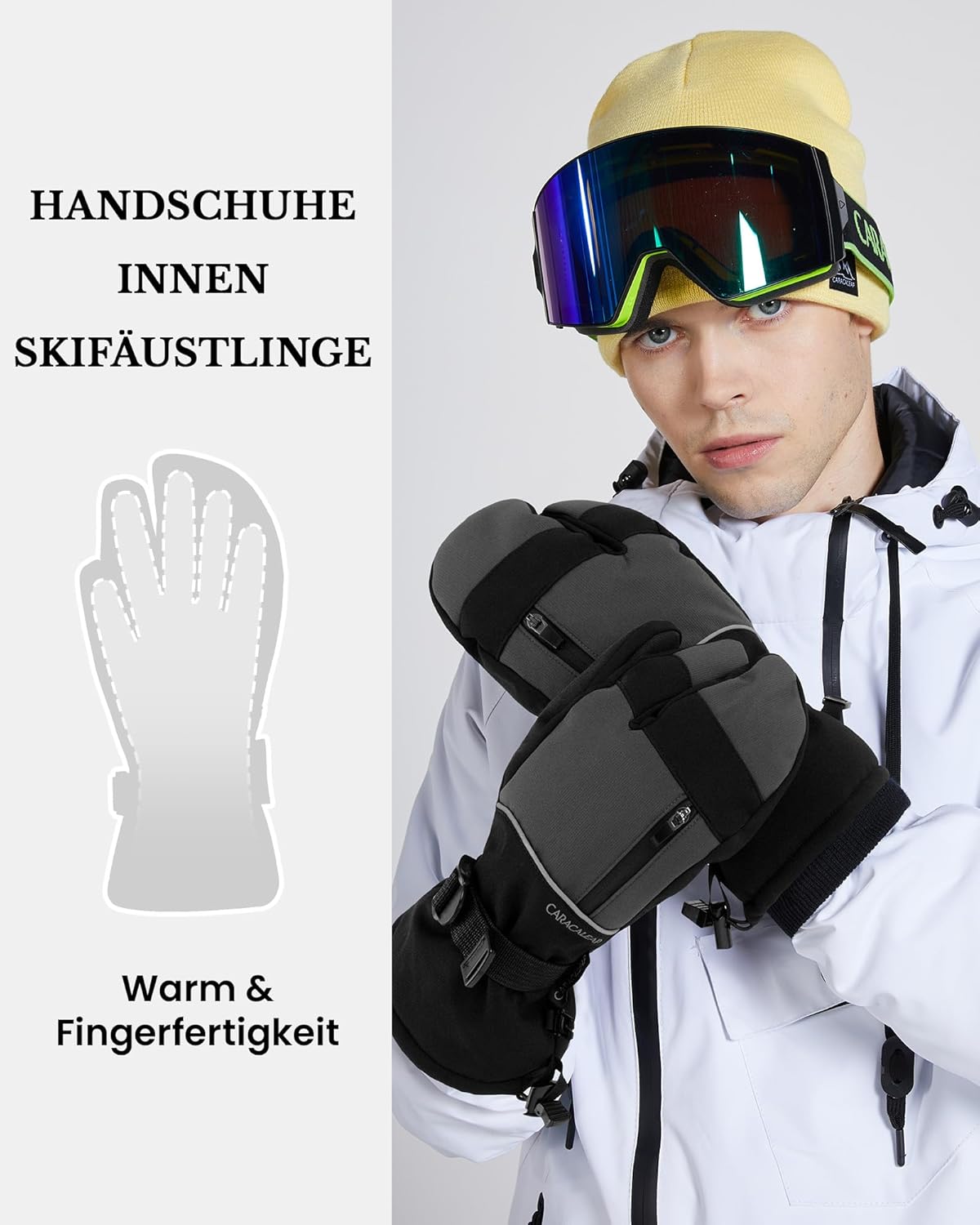 Caracaleap Ski Gloves Men Women Mittens 3 Finger Gloves Waterproof Winter Gloves for Skiing Snowboard Ice Skating Hiking