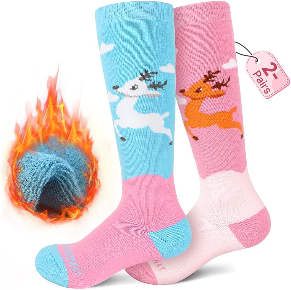 Findway Kids Ski Socks, Kids Thermal Socks 85% Cotton Boys Girls Snow Socks Soft Breathable Winter Outdoor Ski Socks for Skiing Skating Snowboarding, 2 Pairs/3 Pairs