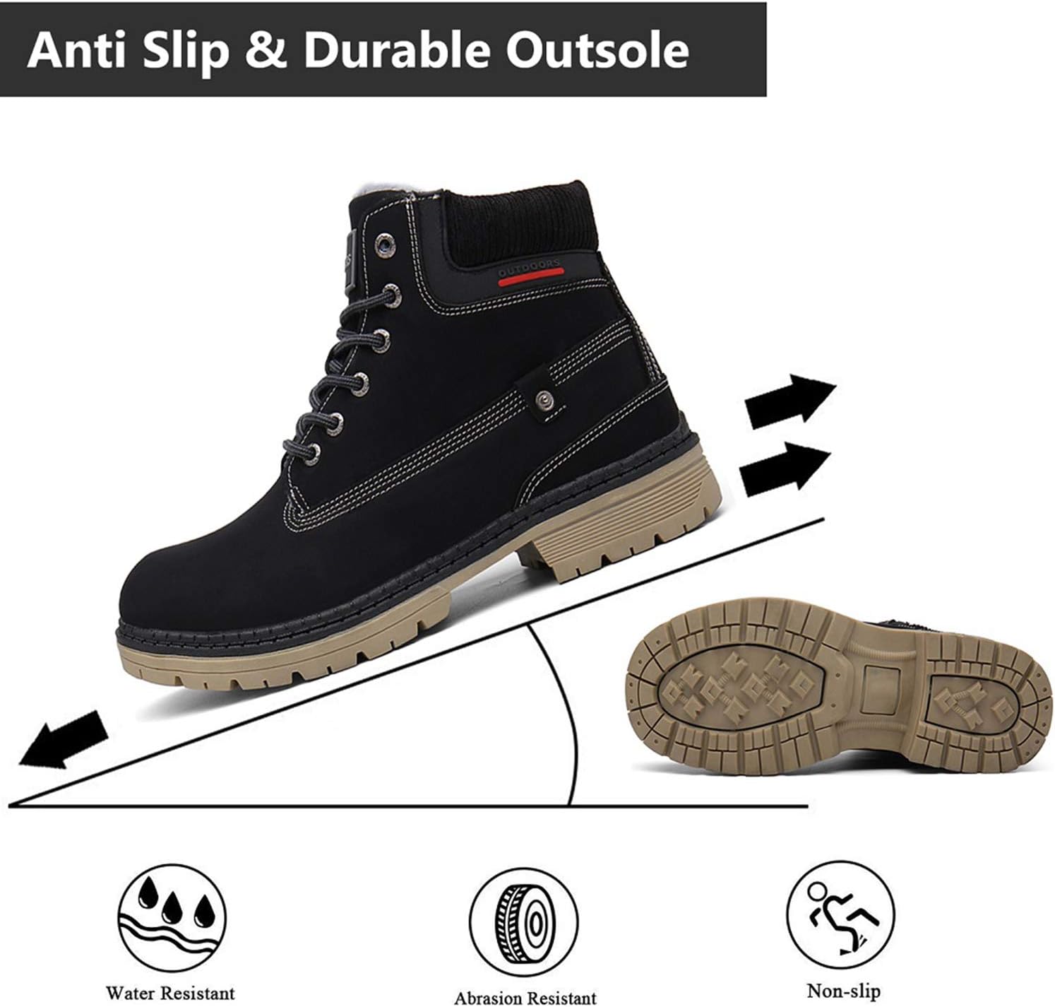 Snow Boots Womens Mens Winter Flat Ankle Boots Warm Fur Lined Fashion Combat Leather Shoes Casual Work Walking Hiking Lace Up Outdoor Trainer Urban