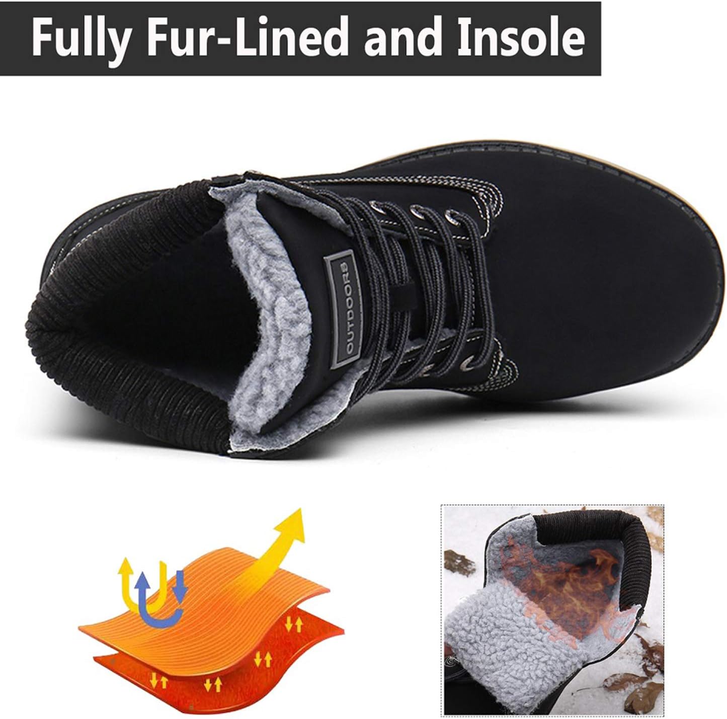 Snow Boots Womens Mens Winter Flat Ankle Boots Warm Fur Lined Fashion Combat Leather Shoes Casual Work Walking Hiking Lace Up Outdoor Trainer Urban