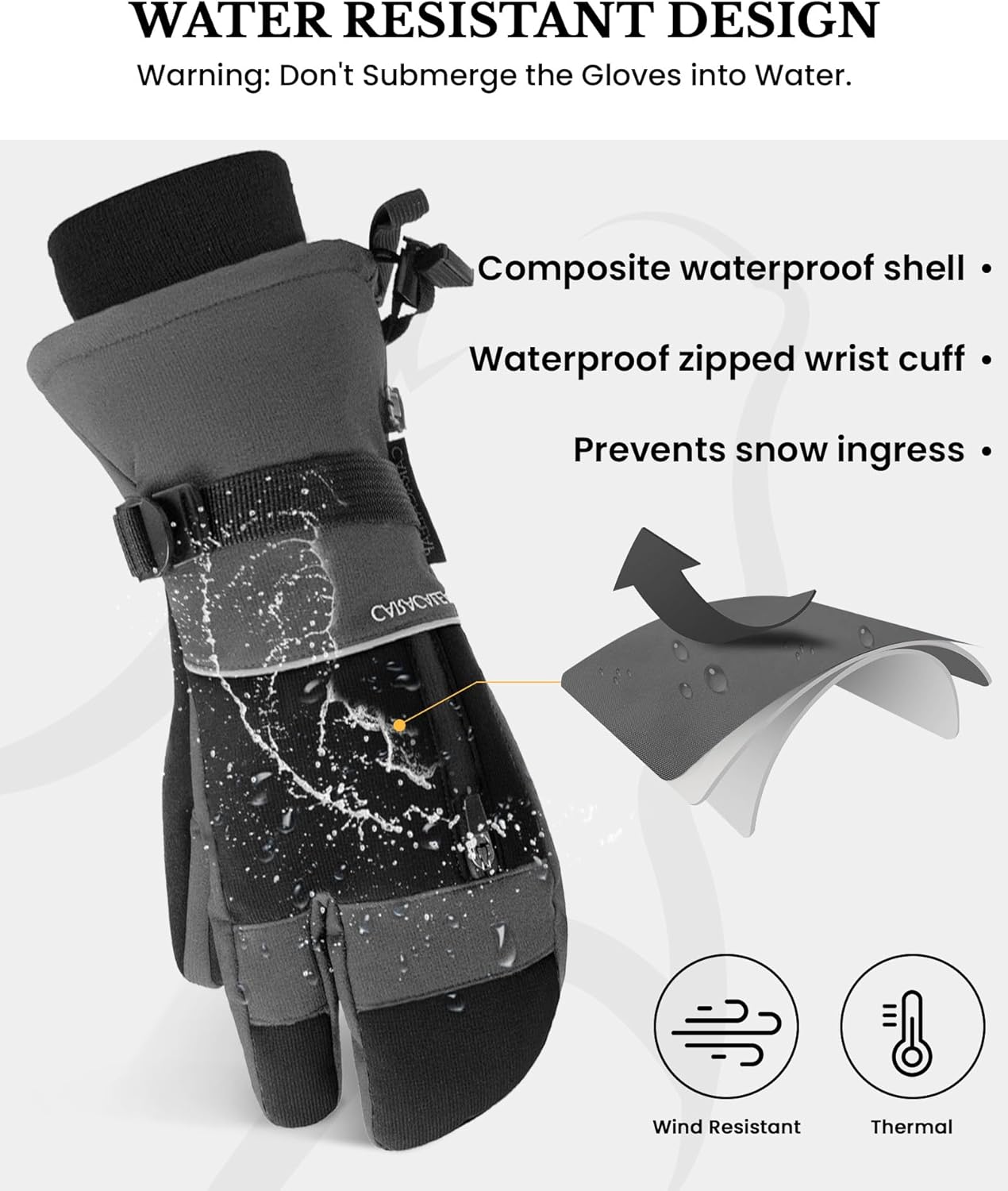 Caracaleap Ski Gloves Men Women Mittens 3 Finger Gloves Waterproof Winter Gloves for Skiing Snowboard Ice Skating Hiking