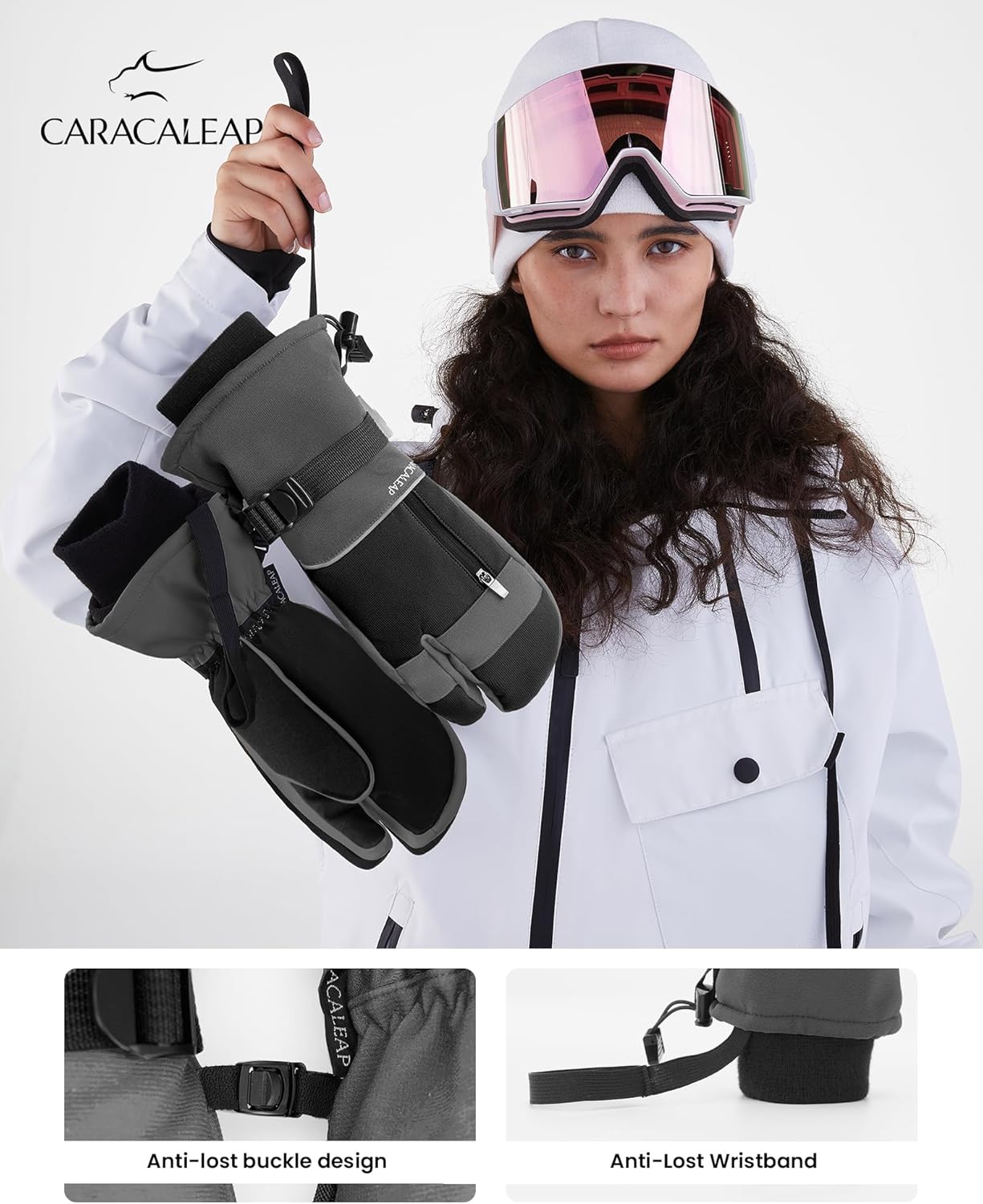 Caracaleap Ski Gloves Men Women Mittens 3 Finger Gloves Waterproof Winter Gloves for Skiing Snowboard Ice Skating Hiking