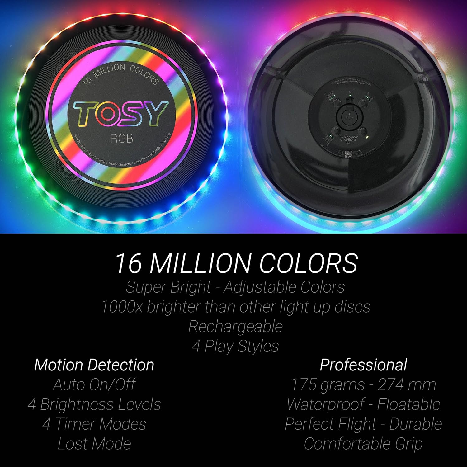 TOSY Flying Disc - 108 RGB Multicolor or 36 Monocolor LEDs, Super Bright, Smart Modes, Christmas Stocking Stuffers Gift, Camping Toy for Kid/Teen/Adult, Auto Light Up, Rechargeable, Waterproof, 175g