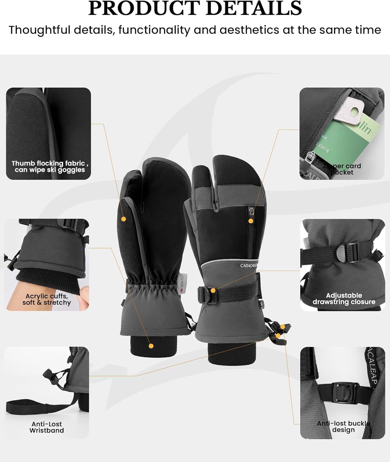 Caracaleap Ski Gloves Men Women Mittens 3 Finger Gloves Waterproof Winter Gloves for Skiing Snowboard Ice Skating Hiking
