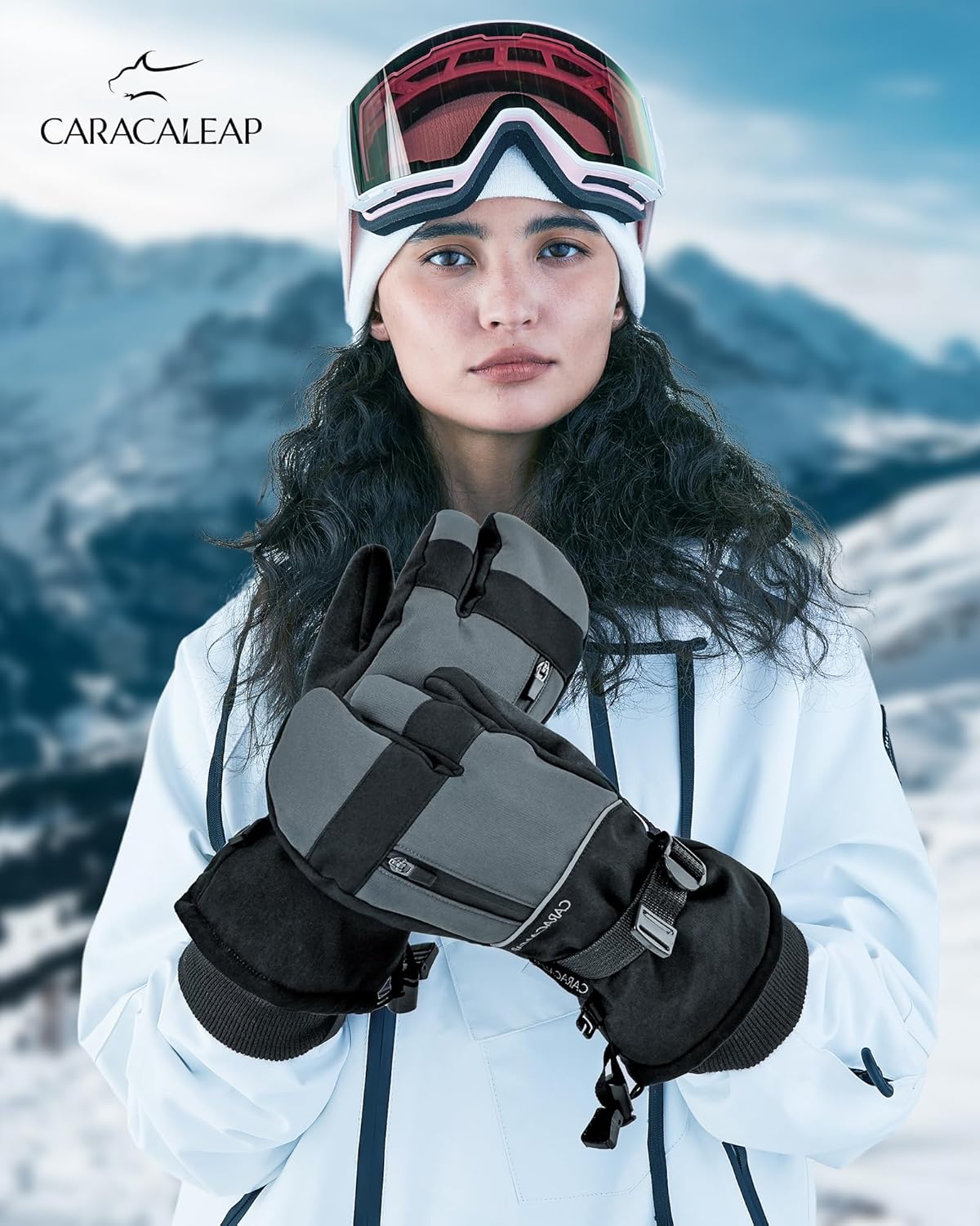 Caracaleap Ski Gloves Men Women Mittens 3 Finger Gloves Waterproof Winter Gloves for Skiing Snowboard Ice Skating Hiking
