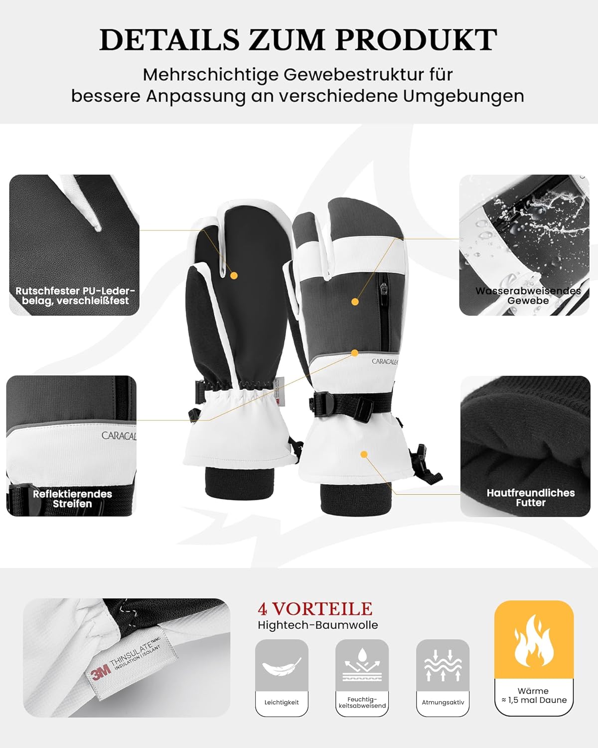 Caracaleap Ski Gloves Men Women Mittens 3 Finger Gloves Waterproof Winter Gloves for Skiing Snowboard Ice Skating Hiking