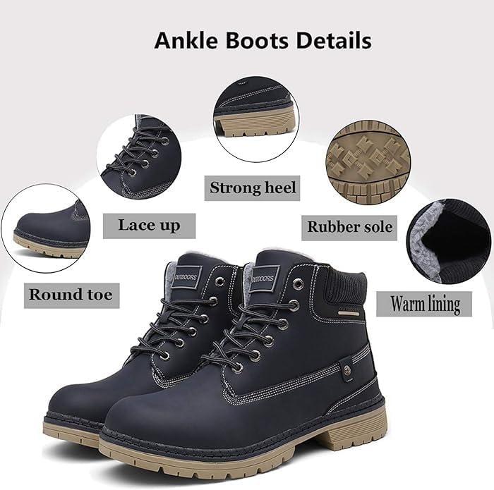Snow Boots Womens Mens Winter Flat Ankle Boots Warm Fur Lined Fashion Combat Leather Shoes Casual Work Walking Hiking Lace Up Outdoor Trainer Urban