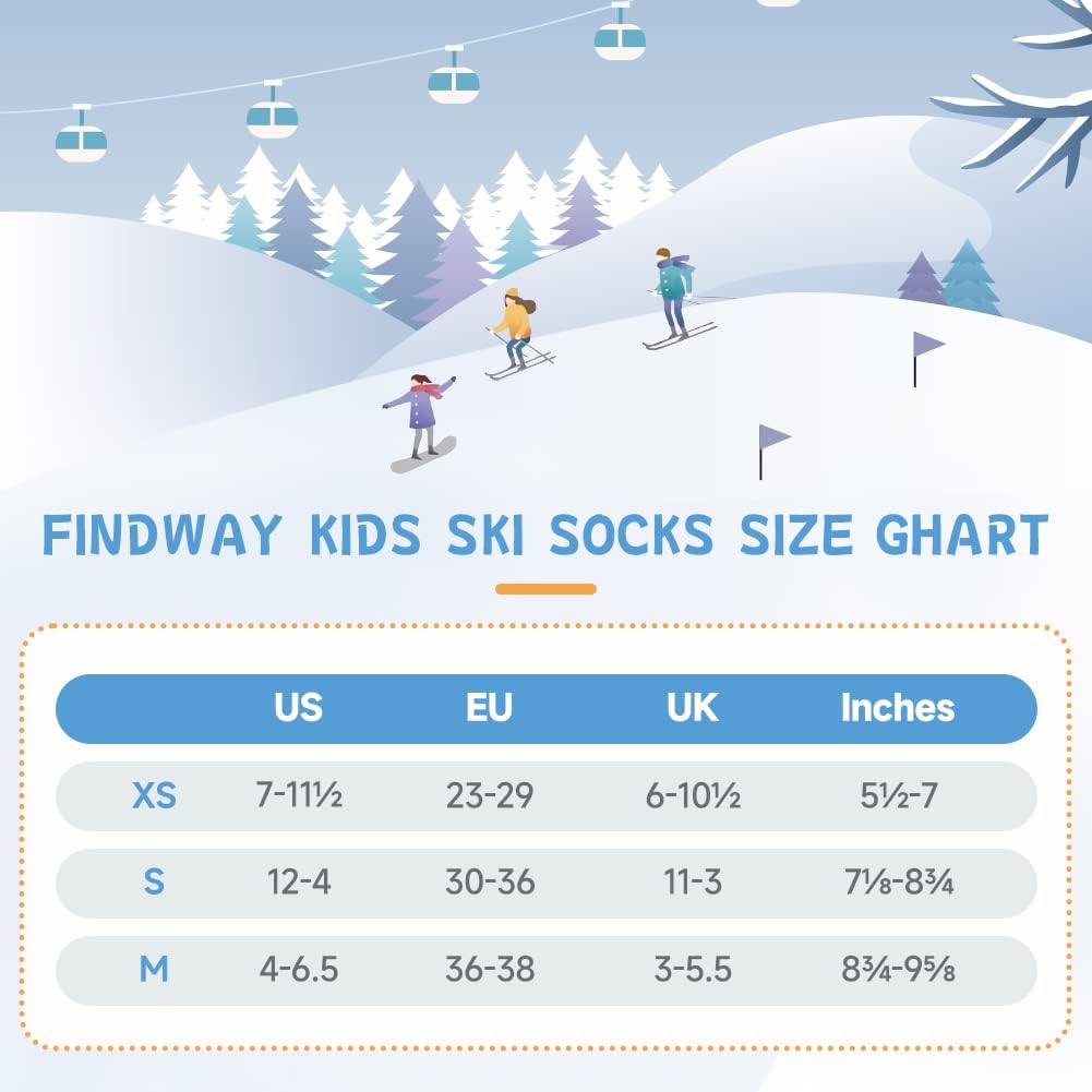 Findway Kids Ski Socks, Kids Thermal Socks 85% Cotton Boys Girls Snow Socks Soft Breathable Winter Outdoor Ski Socks for Skiing Skating Snowboarding, 2 Pairs/3 Pairs