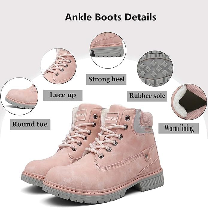 Snow Boots Womens Mens Winter Flat Ankle Boots Warm Fur Lined Fashion Combat Leather Shoes Casual Work Walking Hiking Lace Up Outdoor Trainer Urban
