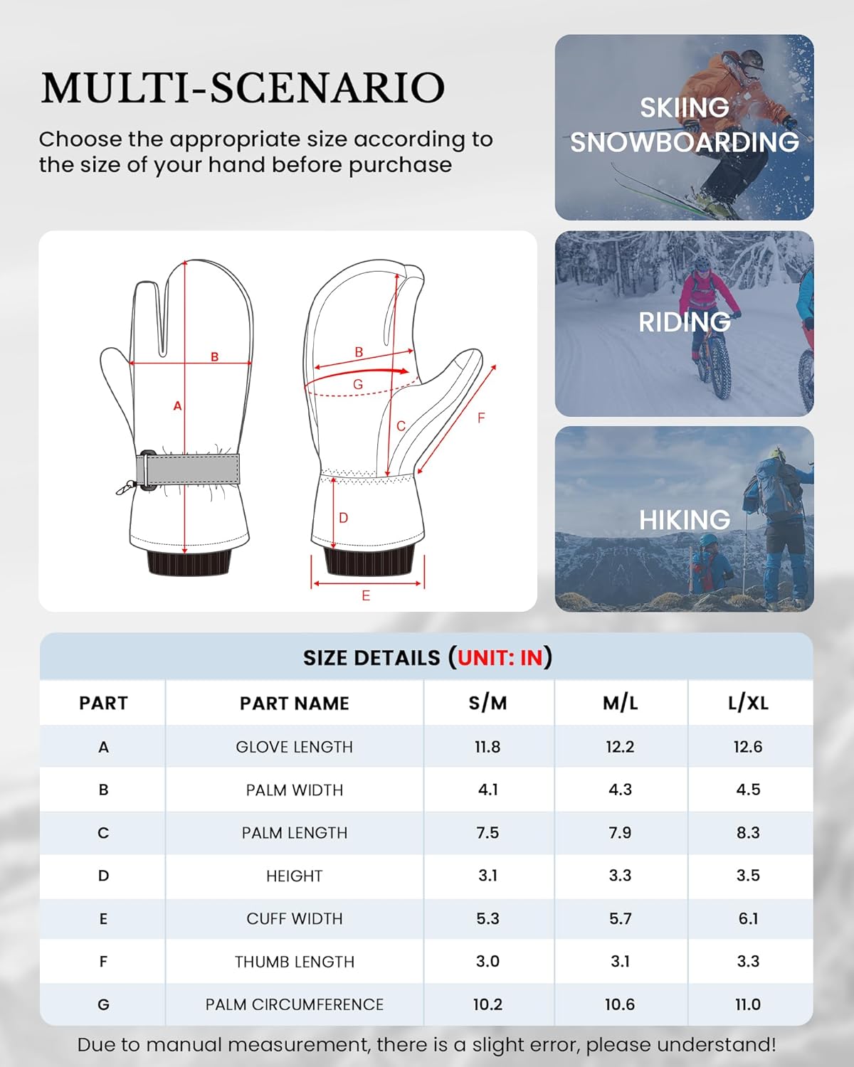 Caracaleap Ski Gloves Men Women Mittens 3 Finger Gloves Waterproof Winter Gloves for Skiing Snowboard Ice Skating Hiking