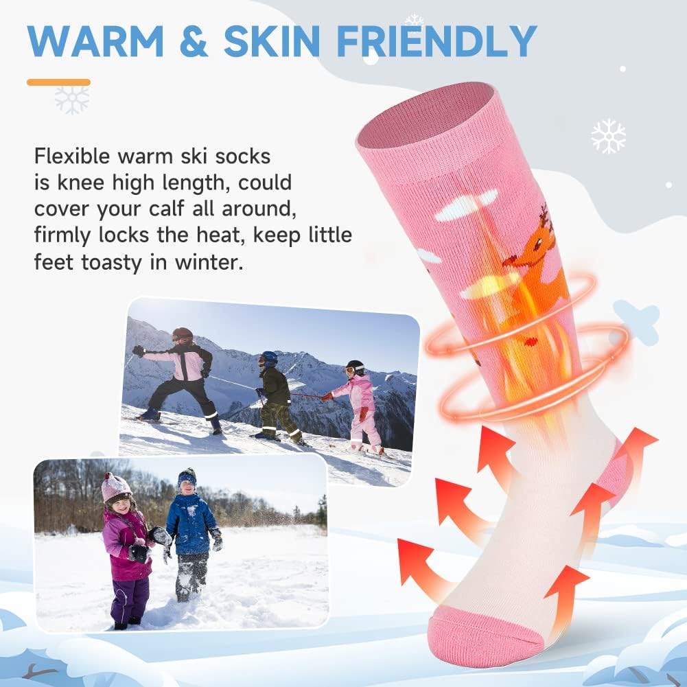 Findway Kids Ski Socks, Kids Thermal Socks 85% Cotton Boys Girls Snow Socks Soft Breathable Winter Outdoor Ski Socks for Skiing Skating Snowboarding, 2 Pairs/3 Pairs