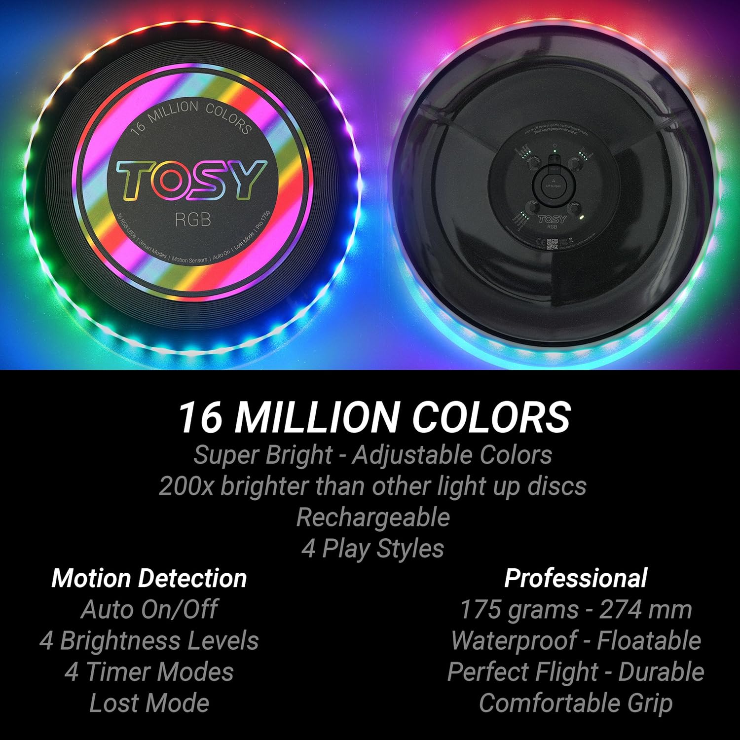 TOSY Flying Disc - 108 RGB Multicolor or 36 Monocolor LEDs, Super Bright, Smart Modes, Christmas Stocking Stuffers Gift, Camping Toy for Kid/Teen/Adult, Auto Light Up, Rechargeable, Waterproof, 175g