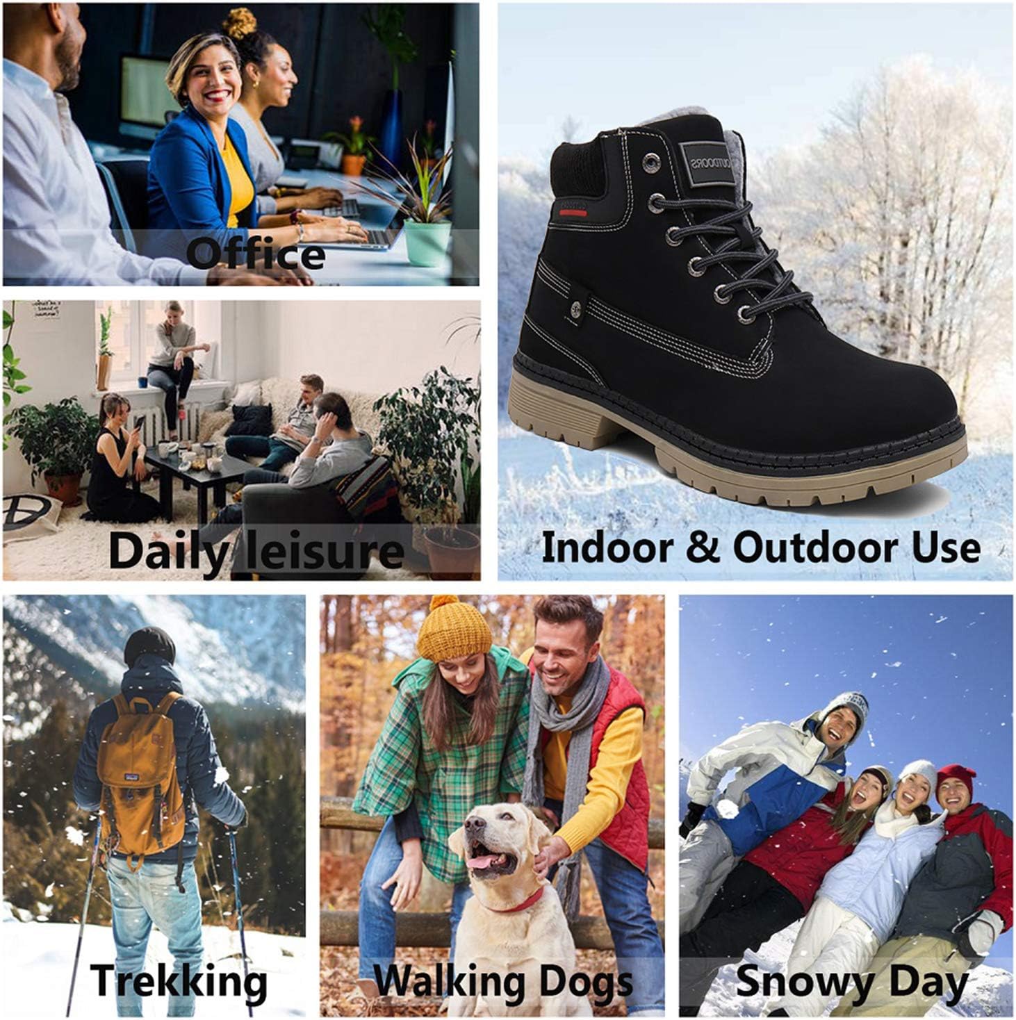 Snow Boots Womens Mens Winter Flat Ankle Boots Warm Fur Lined Fashion Combat Leather Shoes Casual Work Walking Hiking Lace Up Outdoor Trainer Urban