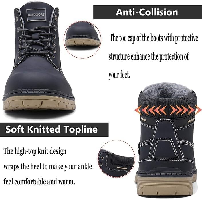 Snow Boots Womens Mens Winter Flat Ankle Boots Warm Fur Lined Fashion Combat Leather Shoes Casual Work Walking Hiking Lace Up Outdoor Trainer Urban