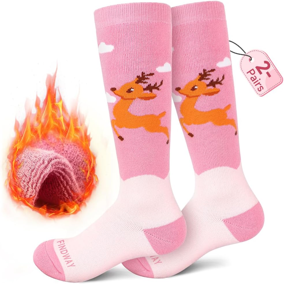 Findway Kids Ski Socks, Kids Thermal Socks 85% Cotton Boys Girls Snow Socks Soft Breathable Winter Outdoor Ski Socks for Skiing Skating Snowboarding, 2 Pairs/3 Pairs